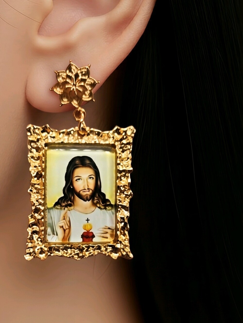 Jesus Portrait Earrings Christian Faith Statement Jewelry Gold Frame Inspiration